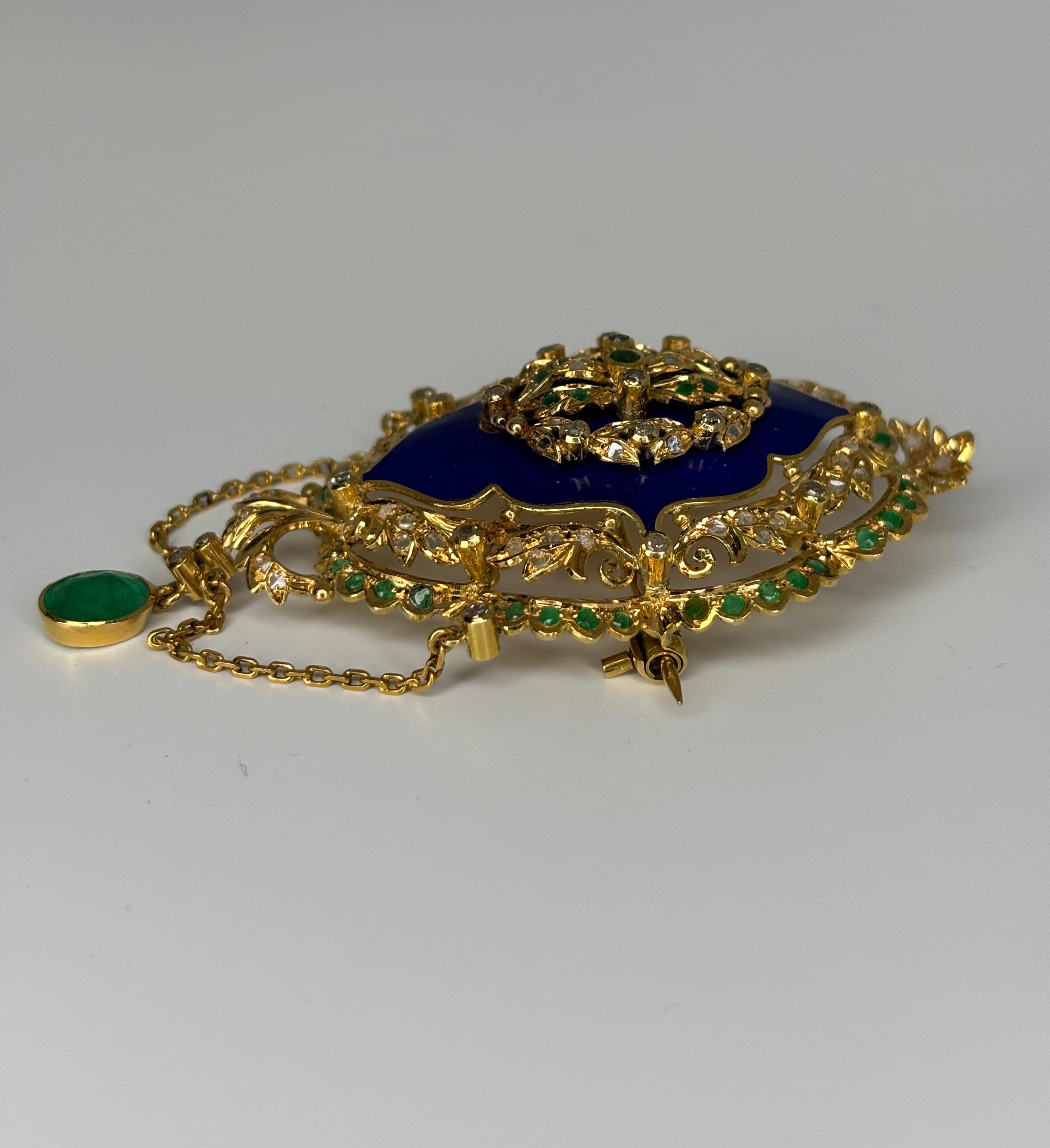 Late Victorian Enameled 14k Gold Brooch With Emerald and Diamond For Sale 2