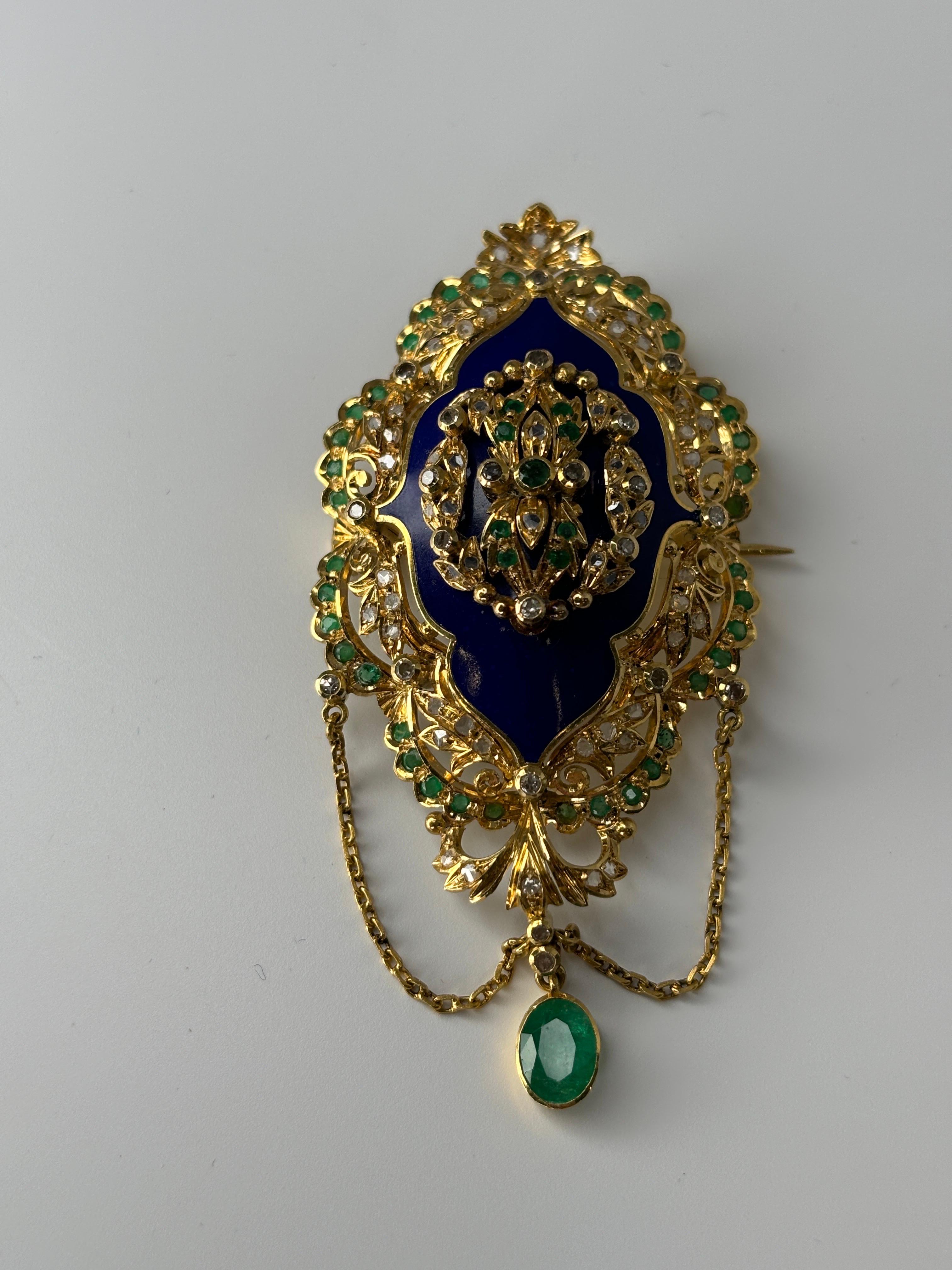 Late Victorian Enameled 14k Gold Brooch With Emerald and Diamond For Sale 3