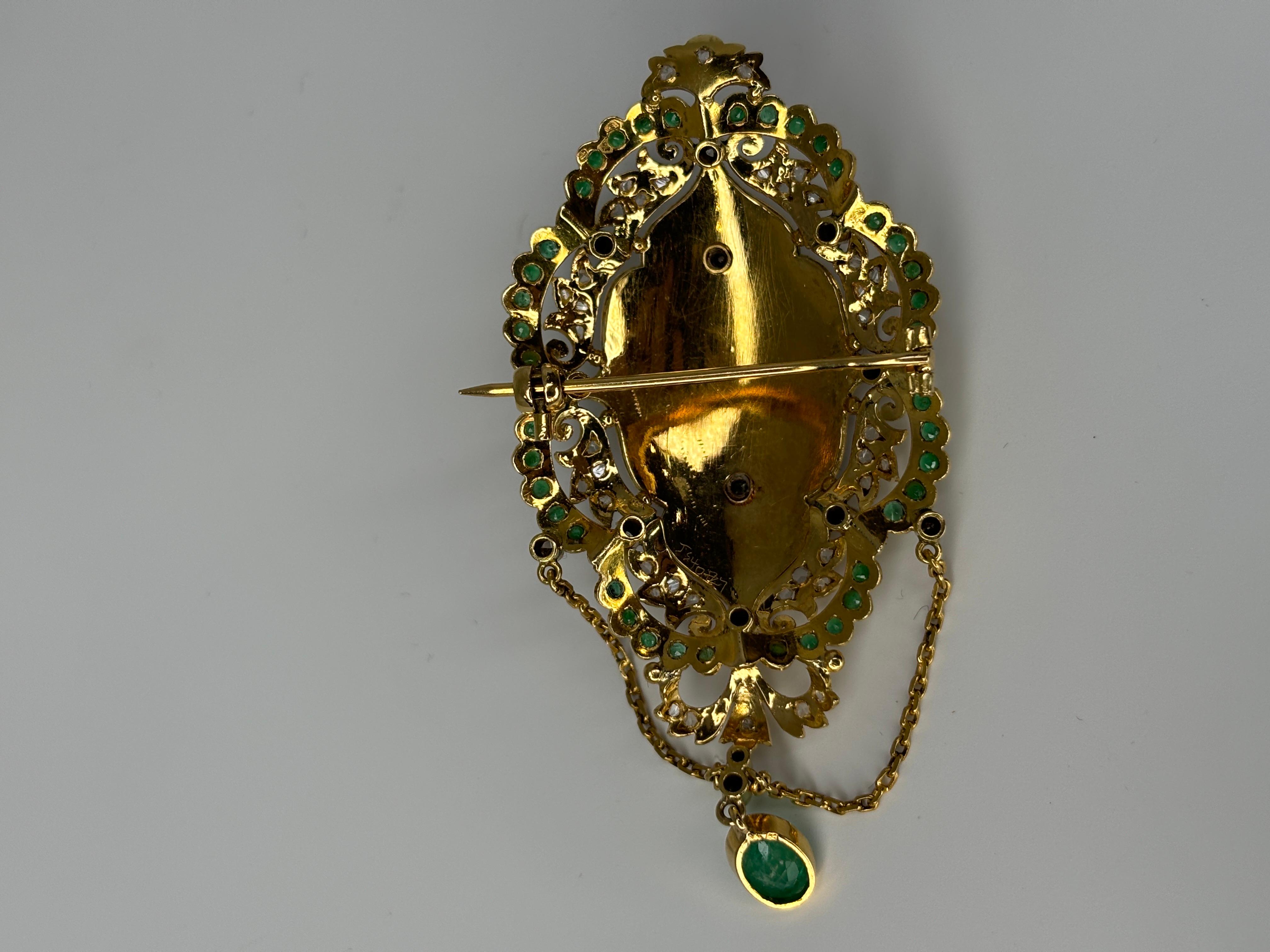 Late Victorian Enameled 14k Gold Brooch With Emerald and Diamond For Sale 4