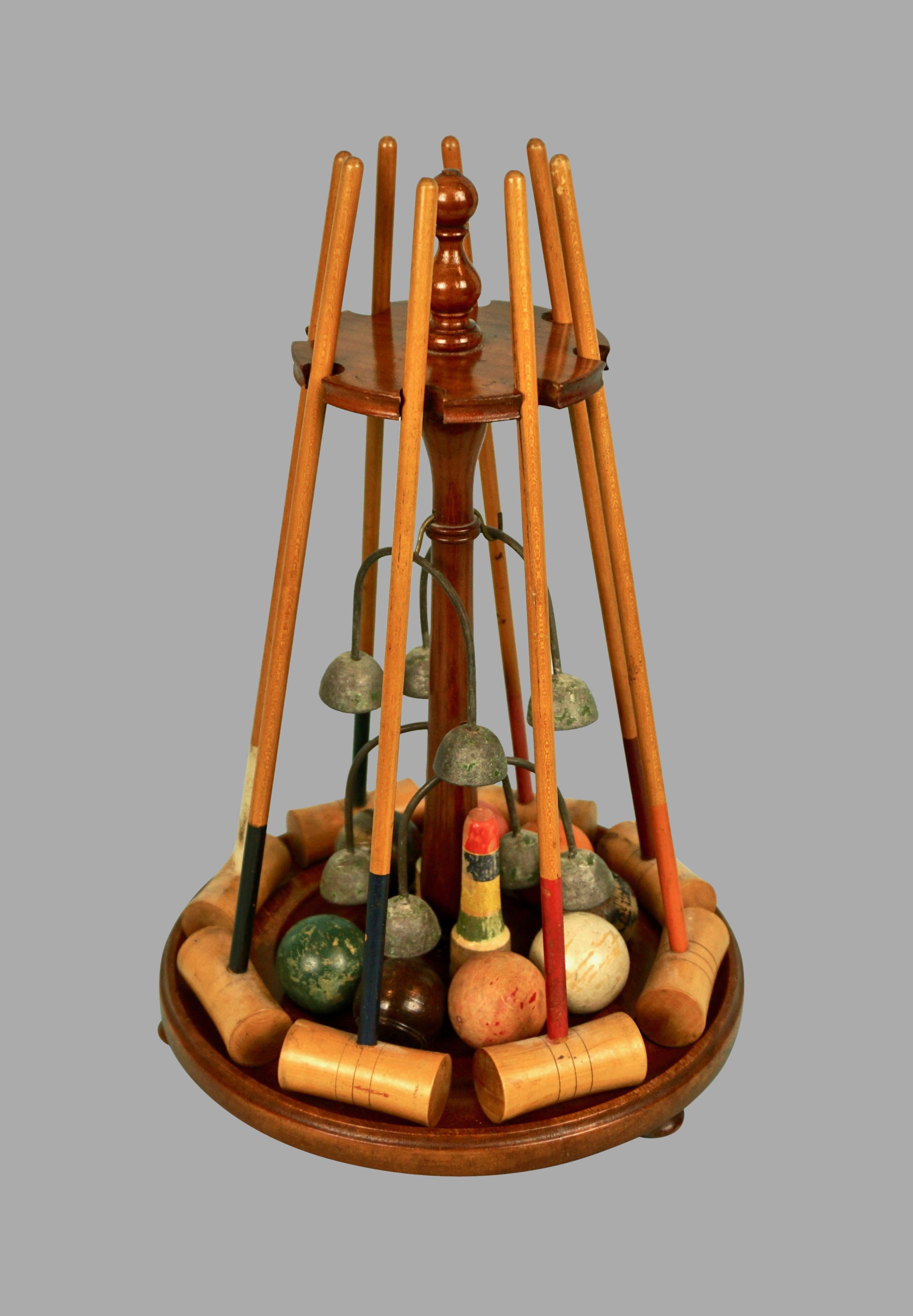 Late Victorian English Miniature Croquet Set Mounted on Stand In Good Condition In San Francisco, CA