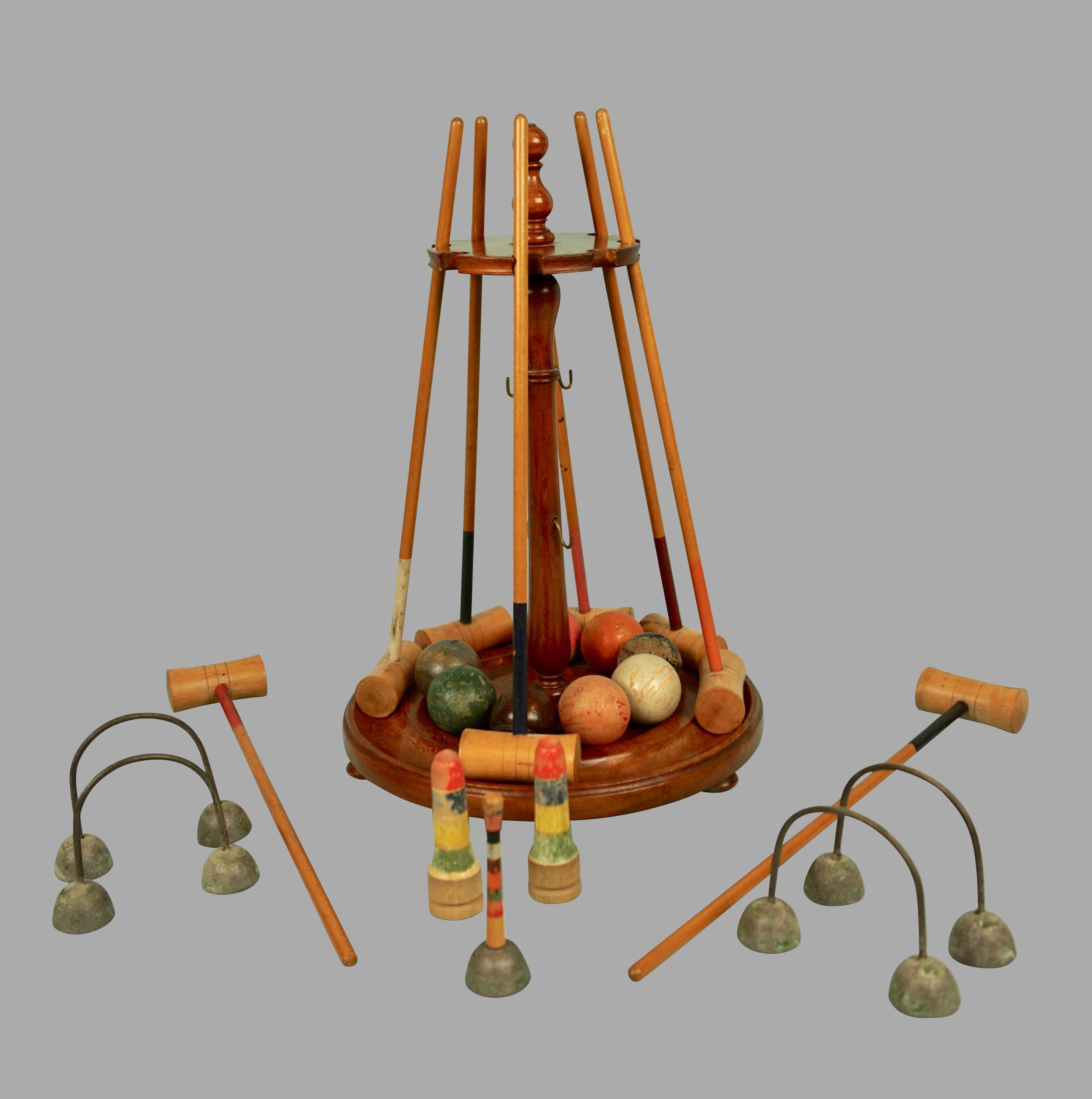 Mahogany Late Victorian English Miniature Croquet Set Mounted on Stand