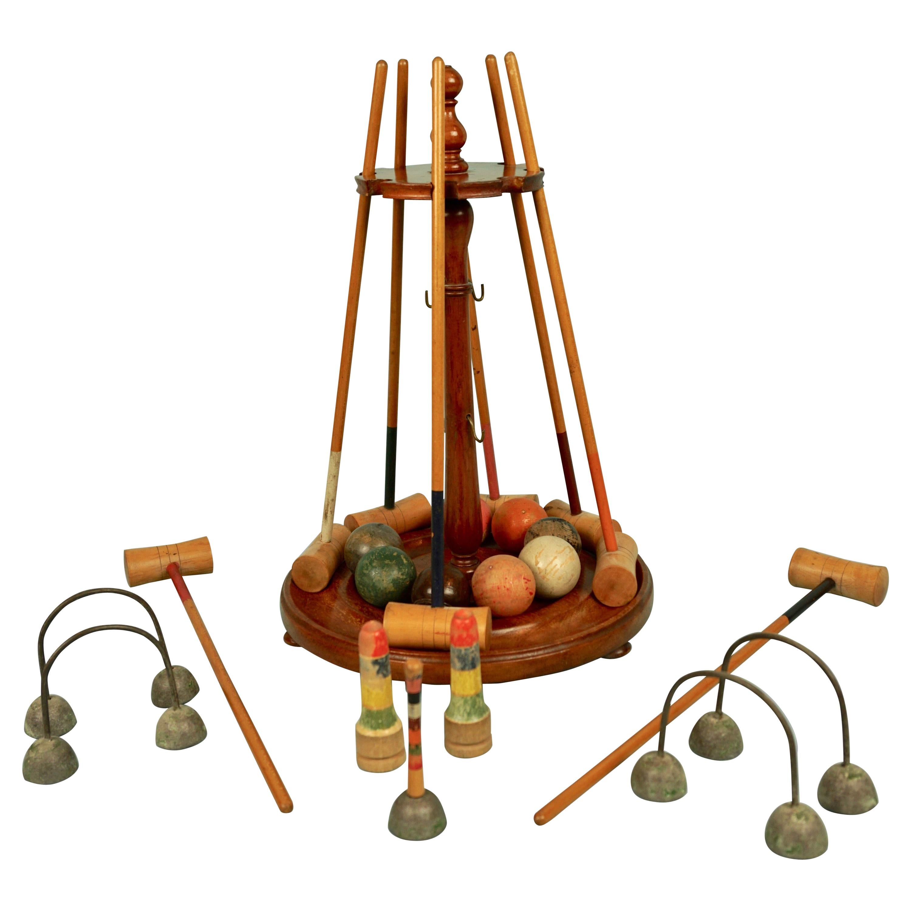 Late Victorian English Miniature Croquet Set Mounted on Stand
