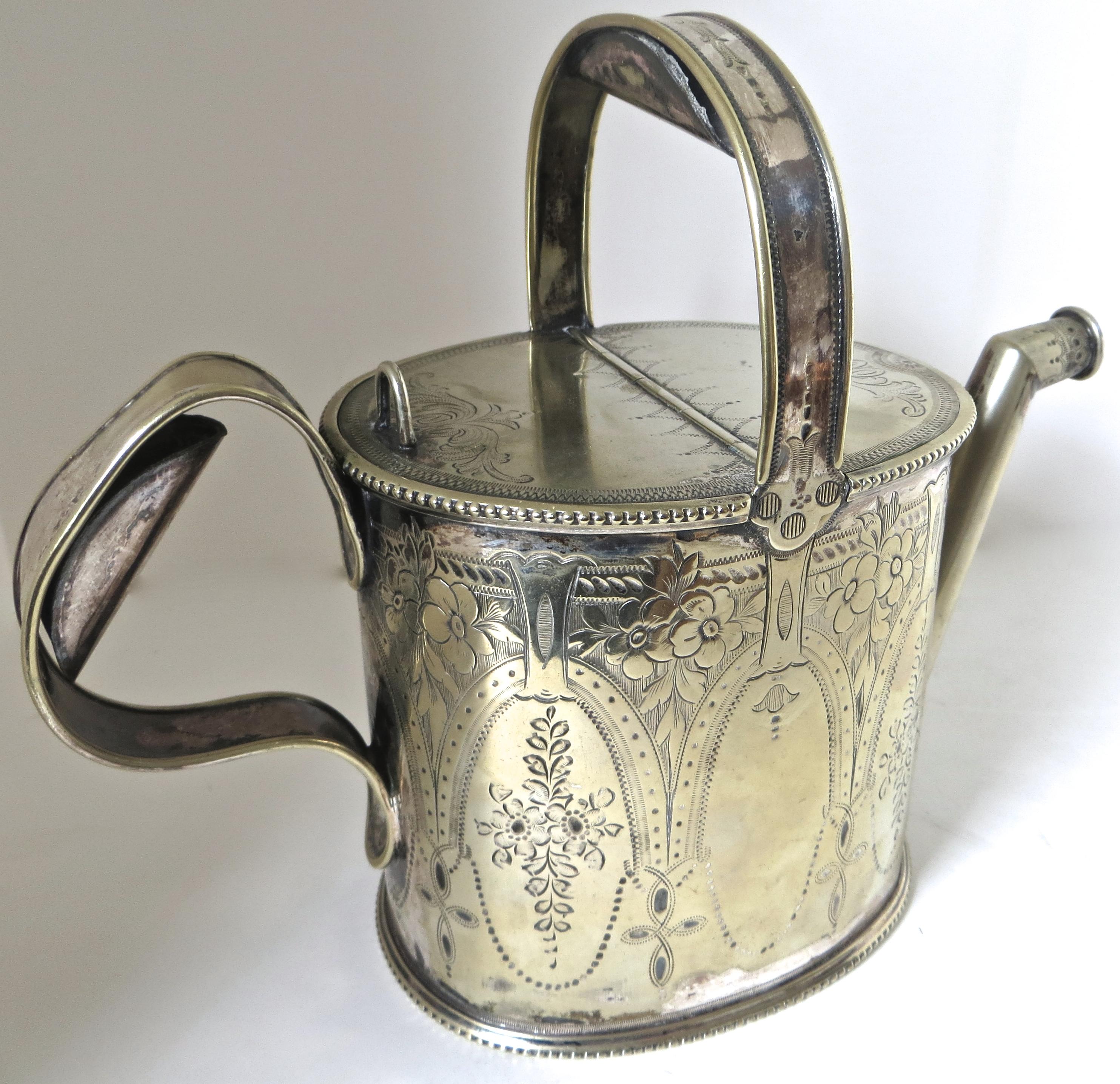 Inusual pieza decorativa de acento; una diminuta regadera británica victoriana de finales del siglo XIX, chapada en plata o aleación de plata (sin marcar), de hacia 1895, que se habría utilizado para regar plantas de interior y jardineras de ventana