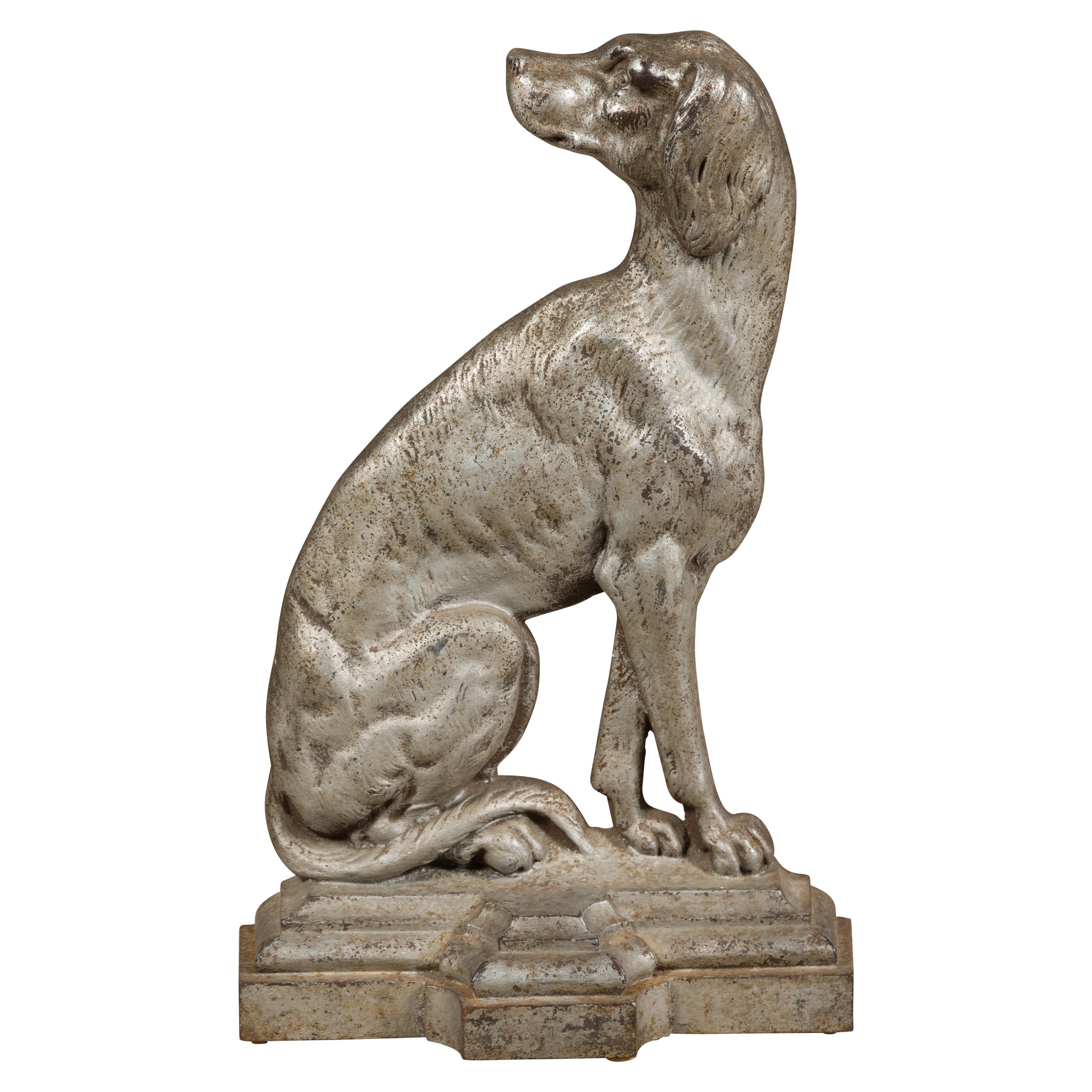 Late Victorian English Silvered Door Stop Depicting a Dog, circa 1880-1900 In Good Condition For Sale In Atlanta, GA