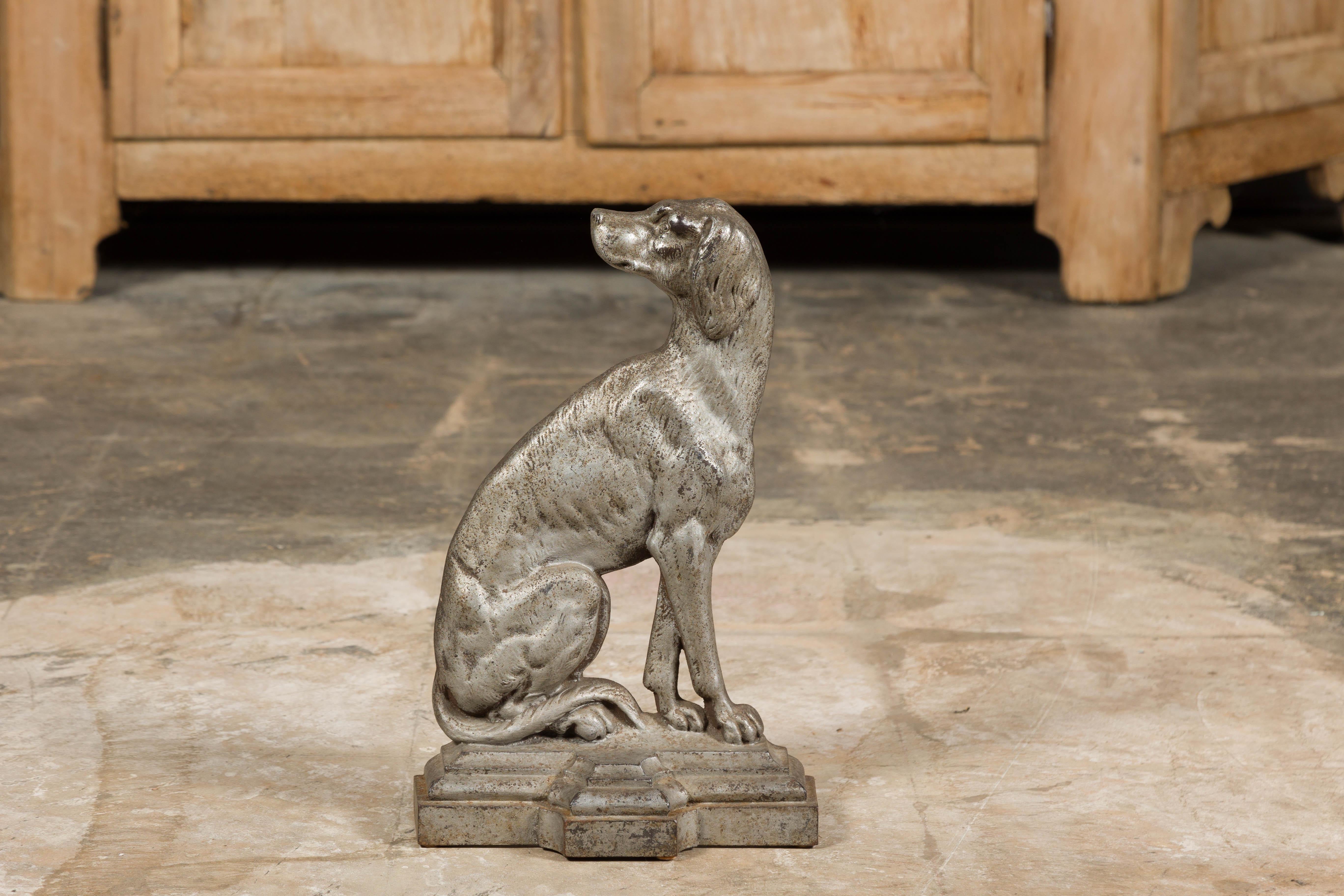 19th Century Late Victorian English Silvered Door Stop Depicting a Dog, circa 1880-1900 For Sale