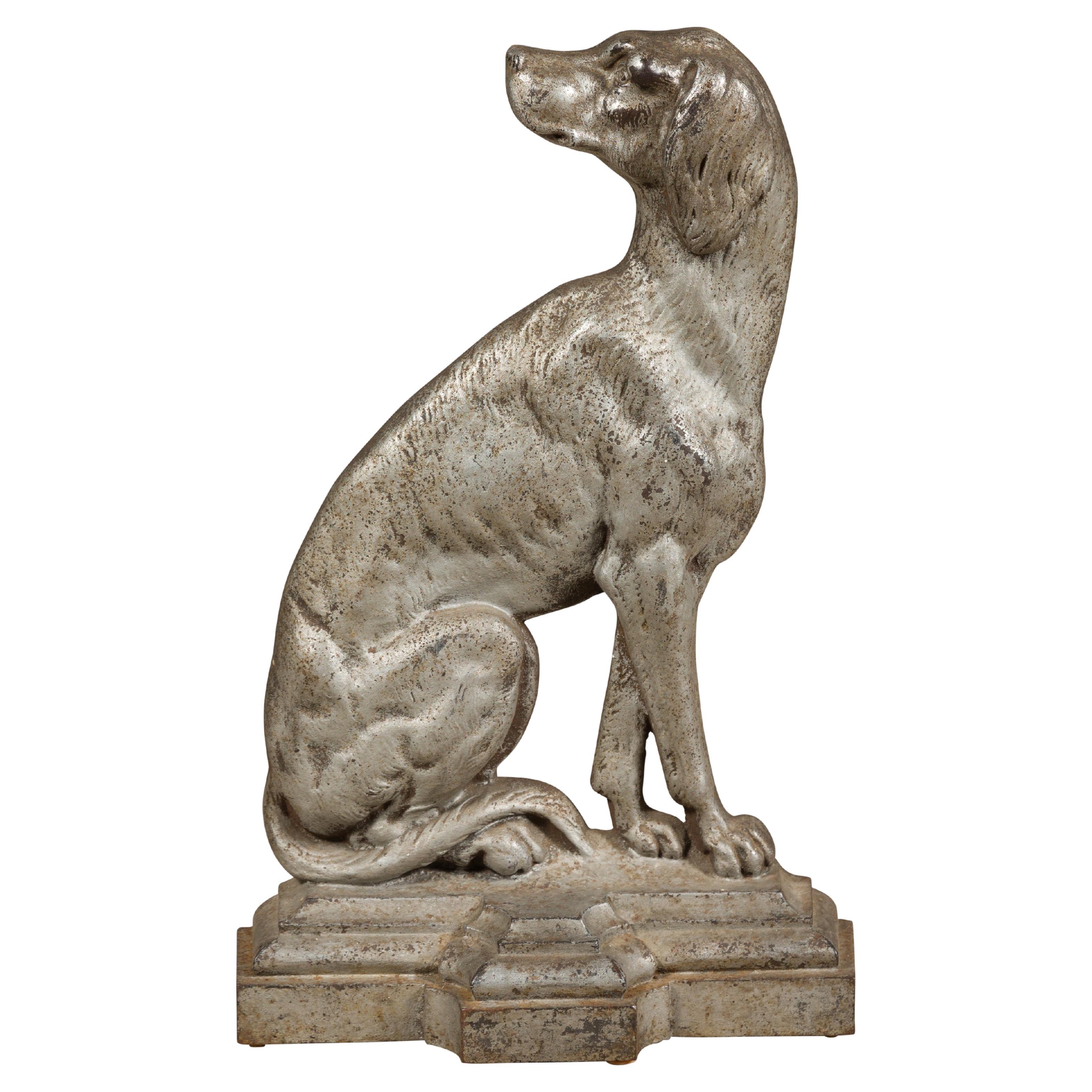 Late Victorian English Silvered Door Stop Depicting a Dog, circa 1880-1900 For Sale