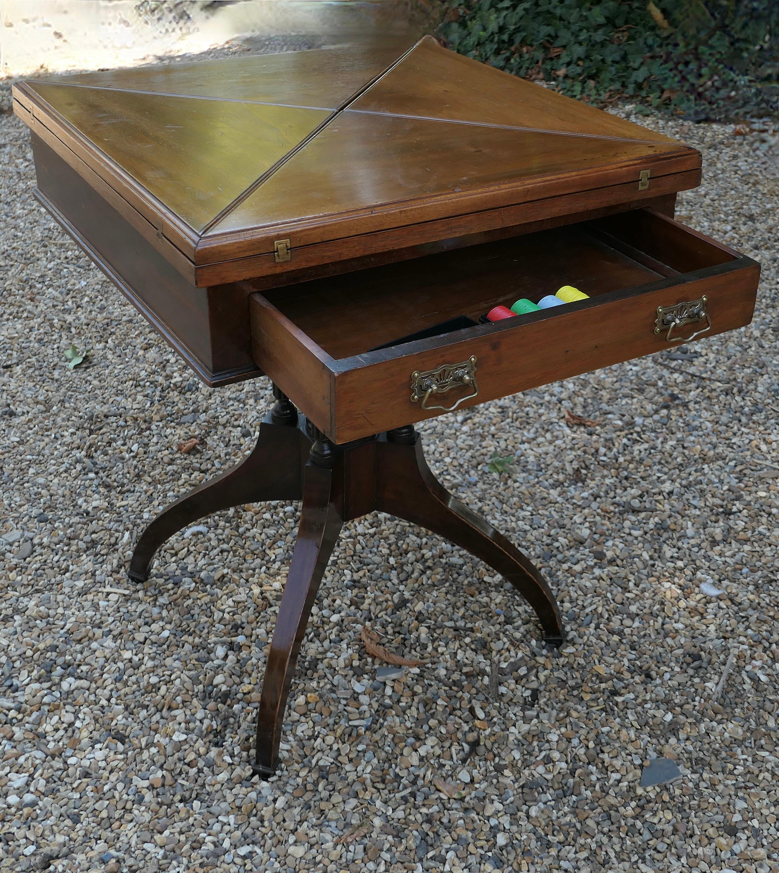 Late Victorian Envelope Card Table with Gaming Wells In Good Condition For Sale In Chillerton, Isle of Wight