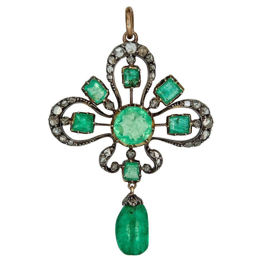 Late Victorian Era Silver and Gold pentant with Emeralds and Diamonds For Sale