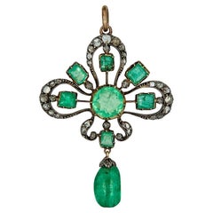 Antique Late Victorian Era Silver and Gold pentant with Emeralds and Diamonds