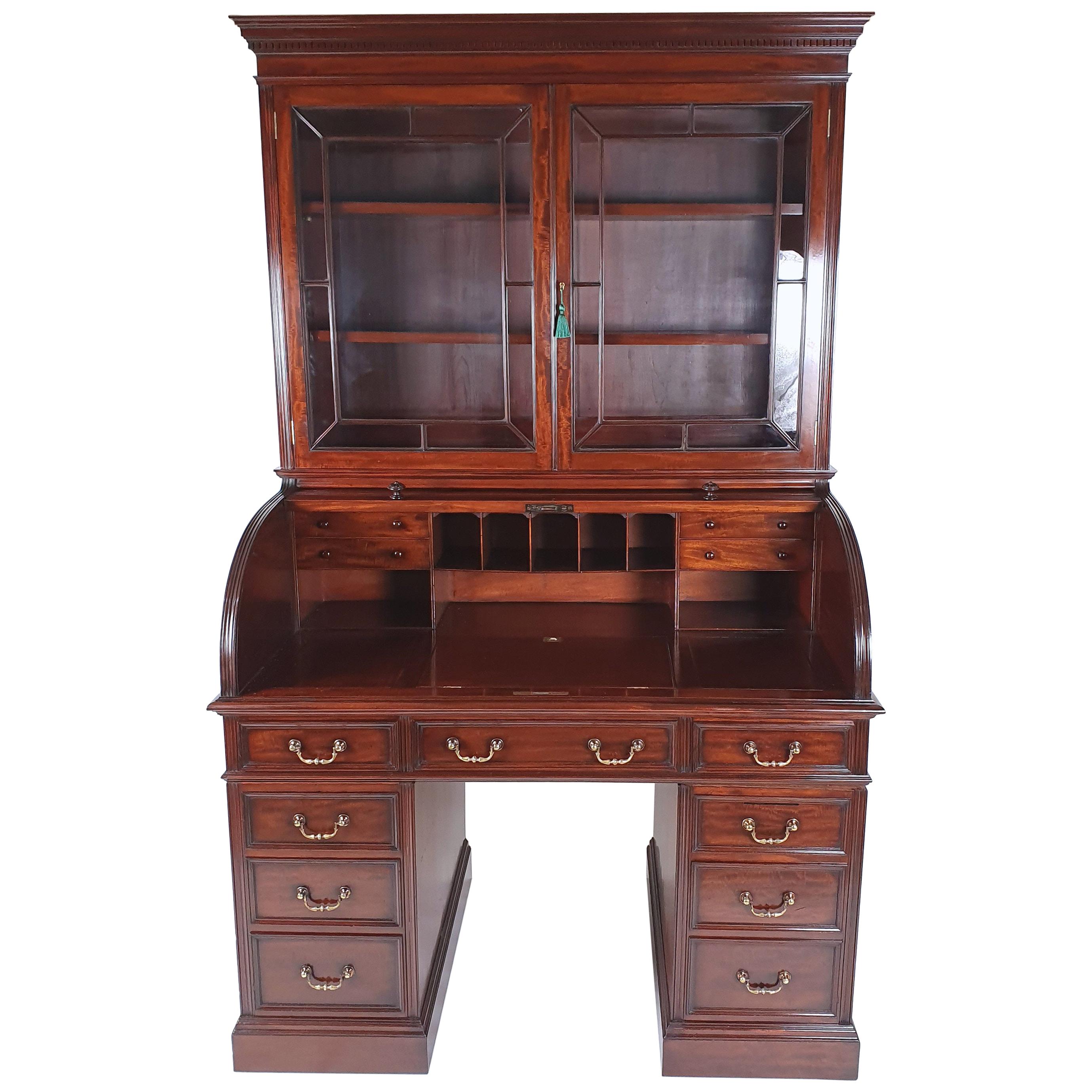Late Victorian Figured Mahogany Cylinder Bookcase