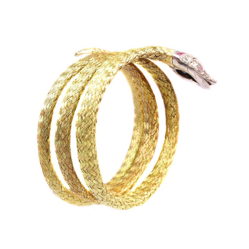 Late Victorian French Gold and Platinum Snake Bracelet with Diamonds and Rubies 5
