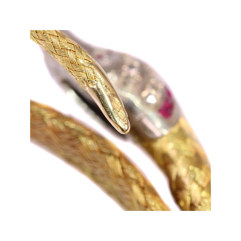 Late Victorian French Gold and Platinum Snake Bracelet with Diamonds and Rubies 8