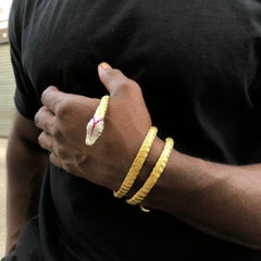 Late Victorian French Gold and Platinum Snake Bracelet with Diamonds and Rubies