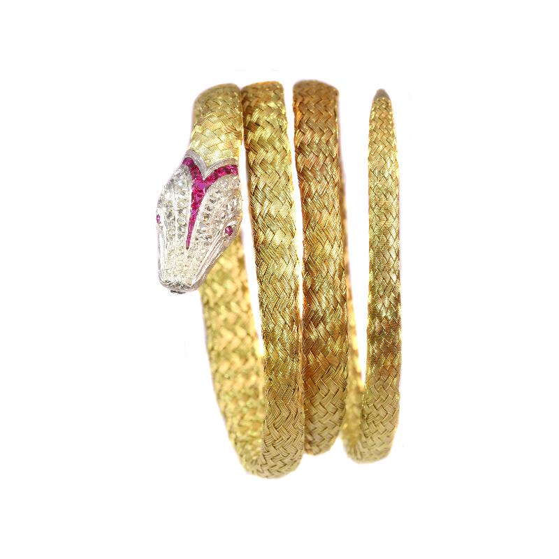 Women's or Men's Late Victorian French Gold and Platinum Snake Bracelet with Diamonds and Rubies