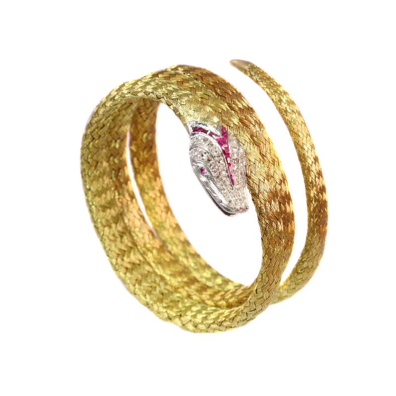Late Victorian French Gold and Platinum Snake Bracelet with Diamonds and Rubies 1