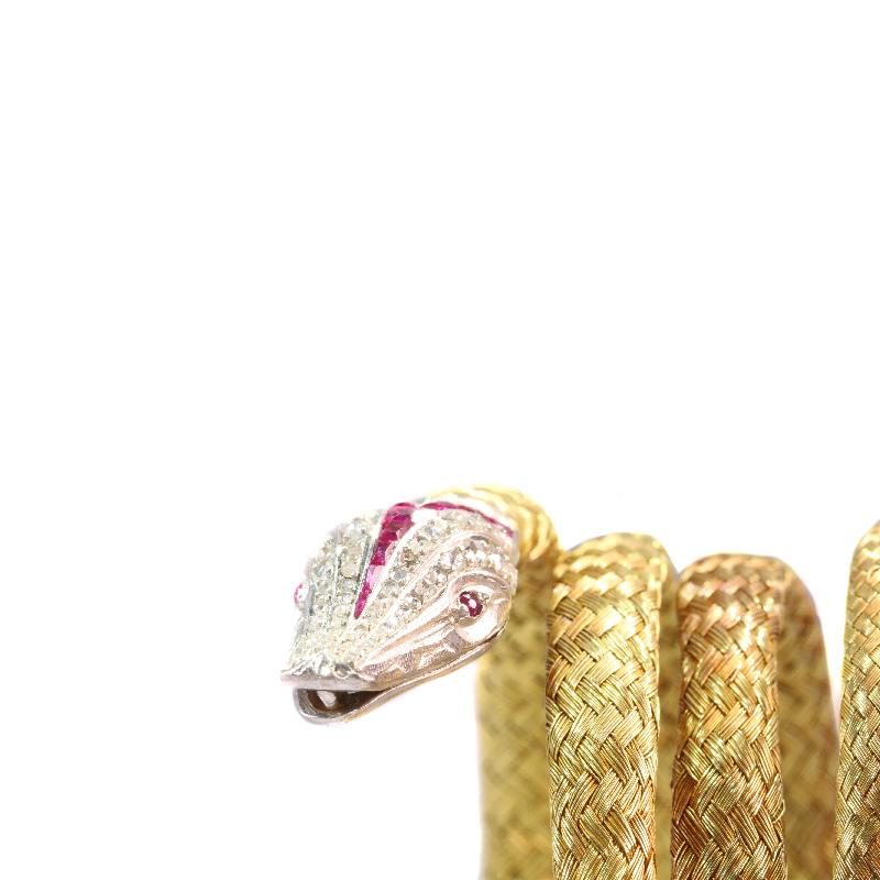 Late Victorian French Gold and Platinum Snake Bracelet with Diamonds and Rubies 3