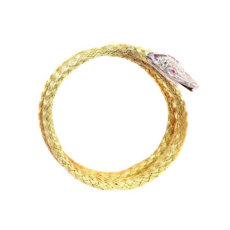 Late Victorian French Gold and Platinum Snake Bracelet with Diamonds and Rubies 4