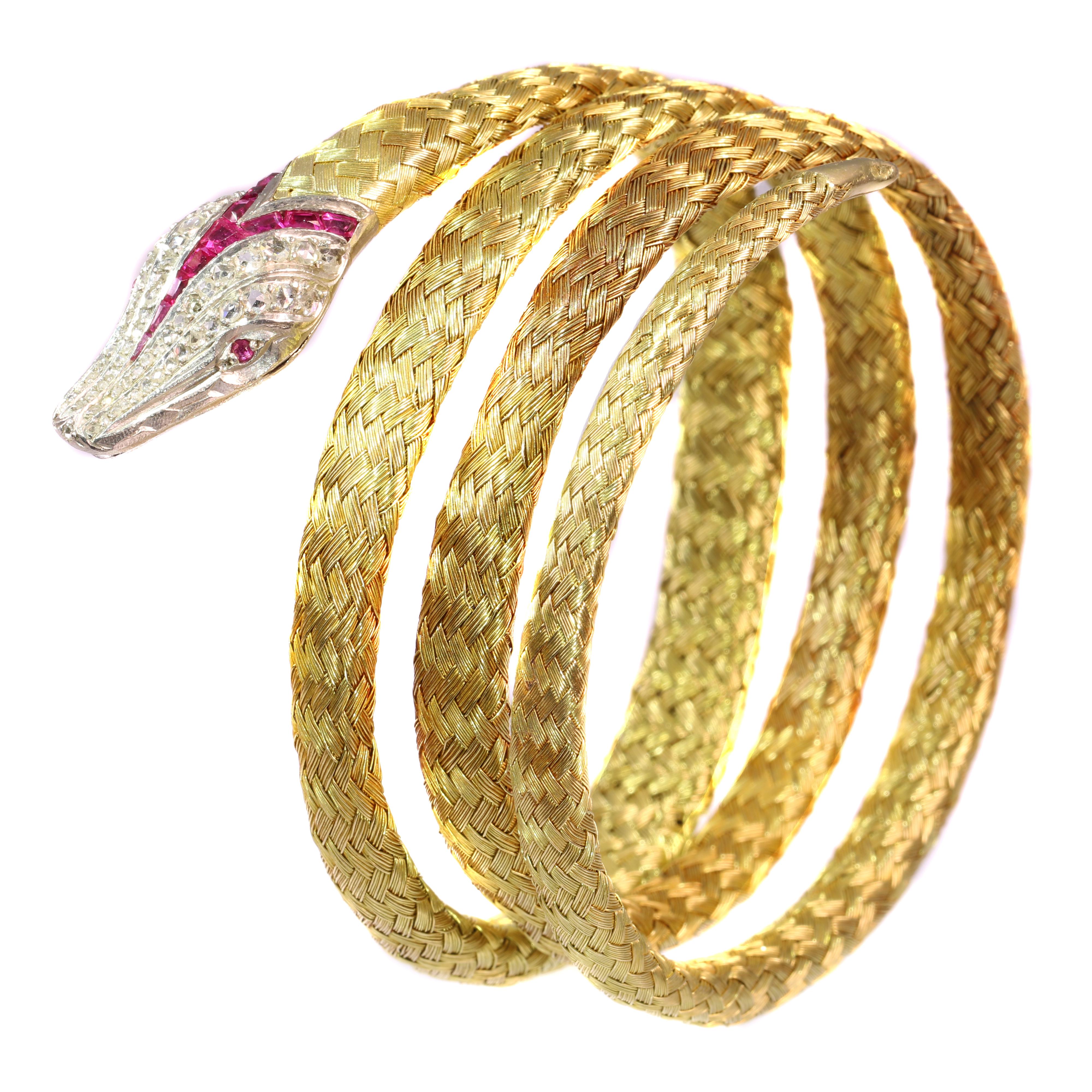 Late Victorian French Gold and Platinum Snake Bracelet with Diamonds and Rubies