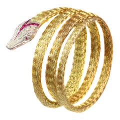 Antique Late Victorian French Gold and Platinum Snake Bracelet with Diamonds and Rubies