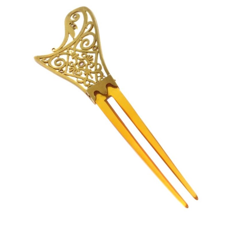 Late Victorian French Gold Hair Comb Set with Diamonds and Made from