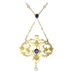 Antique Late Victorian French Gold Pendant on Chain with Diamonds Sapphires and Pearls