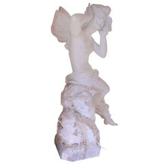 Late Victorian French Hand Carved Nude Psyche Goddess Marble Statue, signed