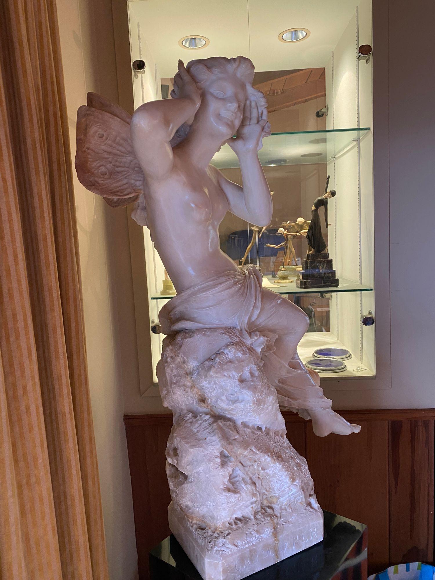 Large Victorian French Hand Carved Nude Psyche Goddess Marble Statue, Signed 1