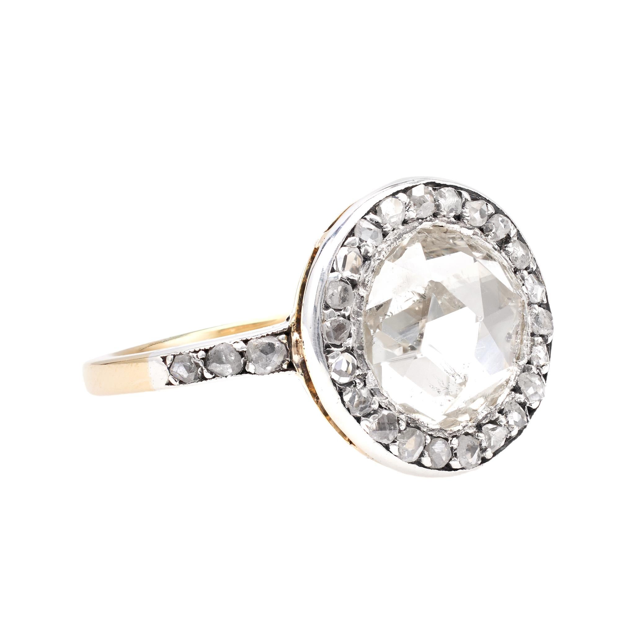 Late Victorian GIA 1.90 Carat Rose Cut Diamond Silver 18k Yellow Gold Halo Ring For Sale 1