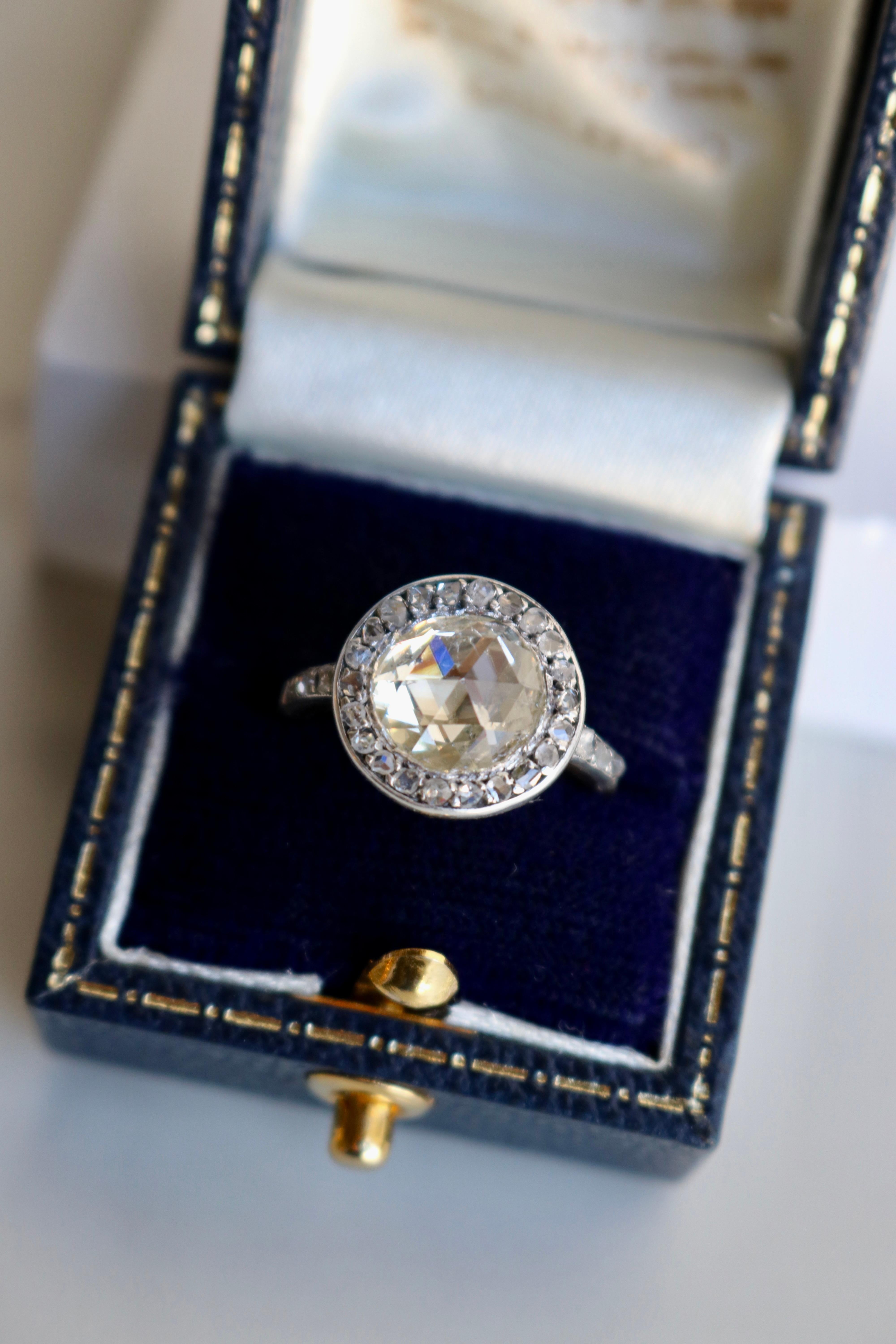Bague à halo en argent et or jaune 18k de la fin de l'époque victorienne GIA 1,90 carat de diamants taillés en rose 1