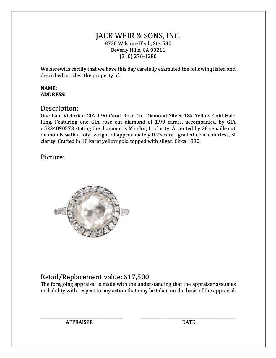 Late Victorian GIA 1.90 Carat Rose Cut Diamond Silver 18k Yellow Gold Halo Ring 4