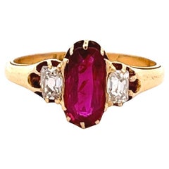 Late Victorian GIA Burma No Heat Ruby Diamond 18 Karat Yellow Gold Three Stone R