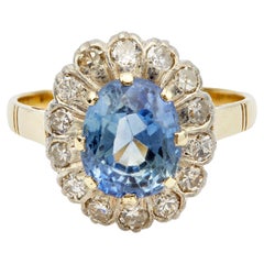 Fin de l'époque victorienne GIA Ceylon No Heat Sapphire Diamond 14k Yellow Gold Silver Ring