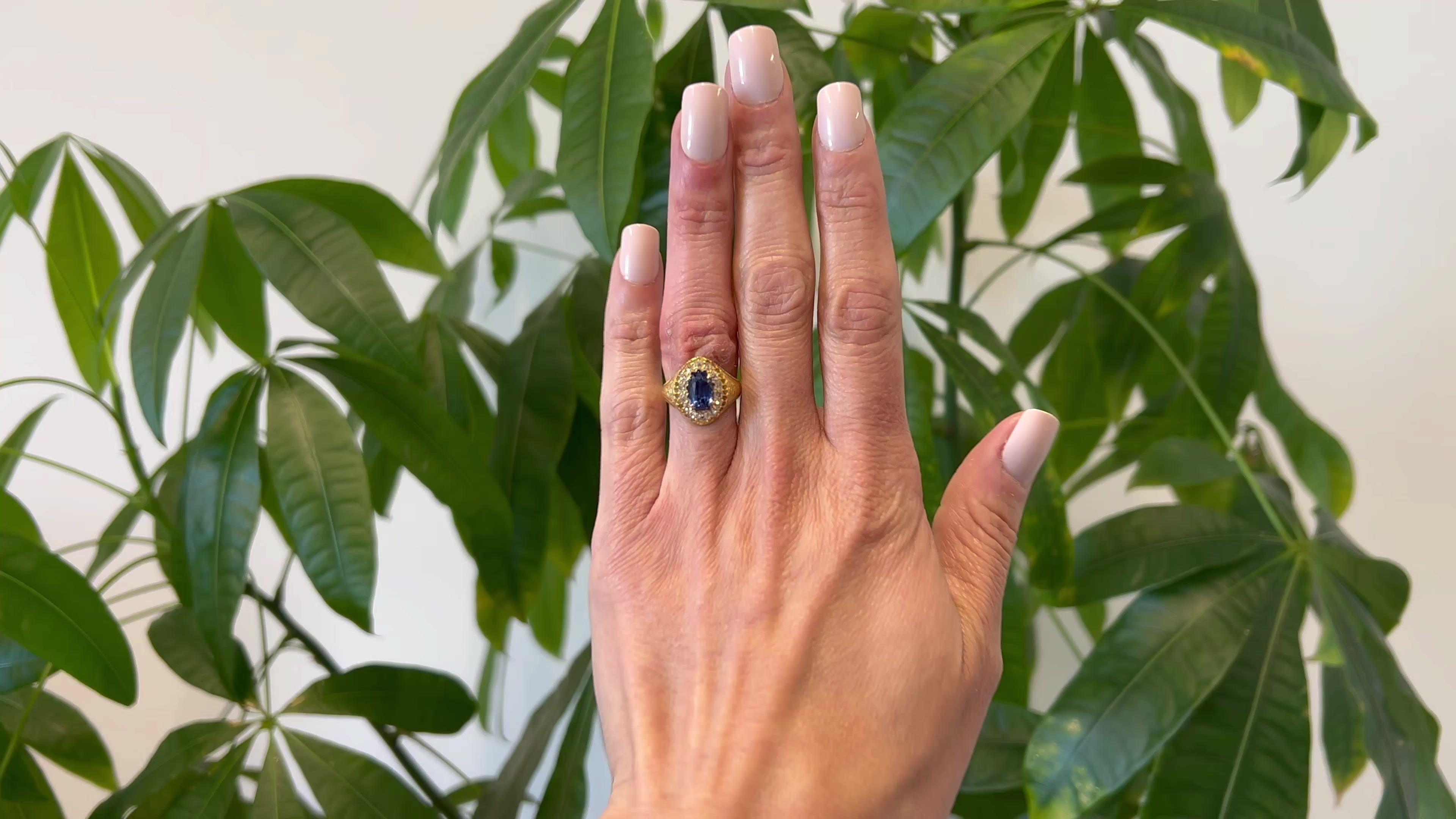 One Late Victorian GIA Ceylon Sapphire and Diamond 18k Yellow Gold Ring. Featuring one GIA cushion cut sapphire weighing approximately 2.00 carats, accompanied with GIA #5231064536 stating the sapphire is of Ceylon (Sri Lanka) origin. Accented by 14