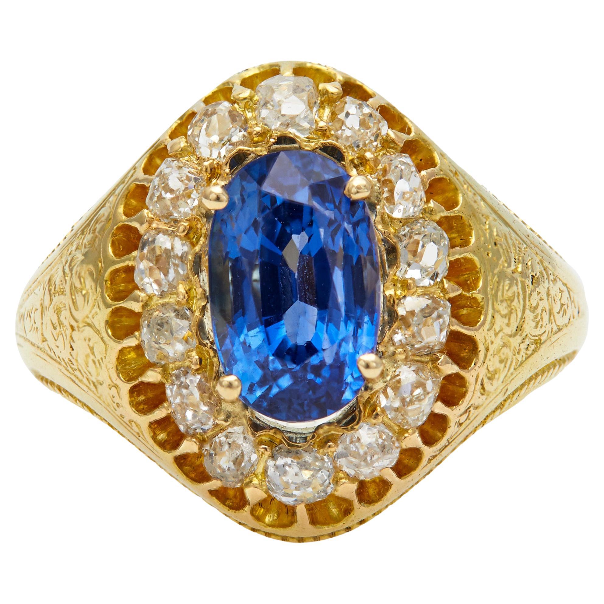 Late Victorian GIA Ceylon Sapphire and Diamond 18k Yellow Gold Ring