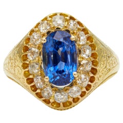 Antique Late Victorian GIA Ceylon Sapphire and Diamond 18k Yellow Gold Ring