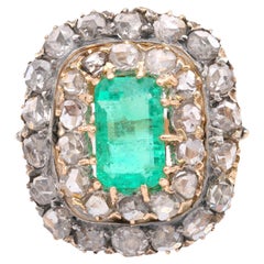 Antique Late Victorian GIA Colombian Emerald Diamond Yellow Gold Cocktail Ring