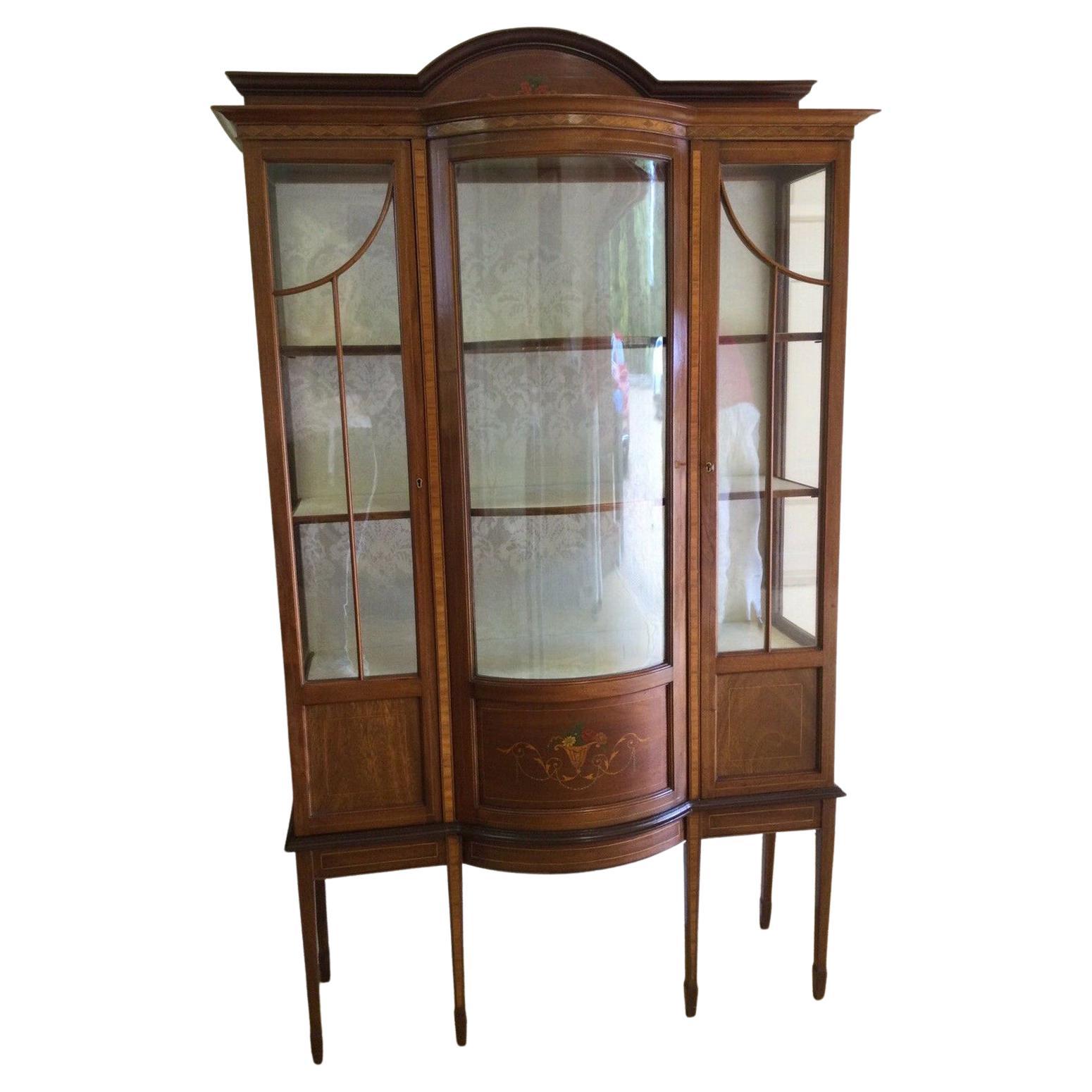 Late Victorian Glazed Mahogany Inlaid Bow Fronted Display Cabinet