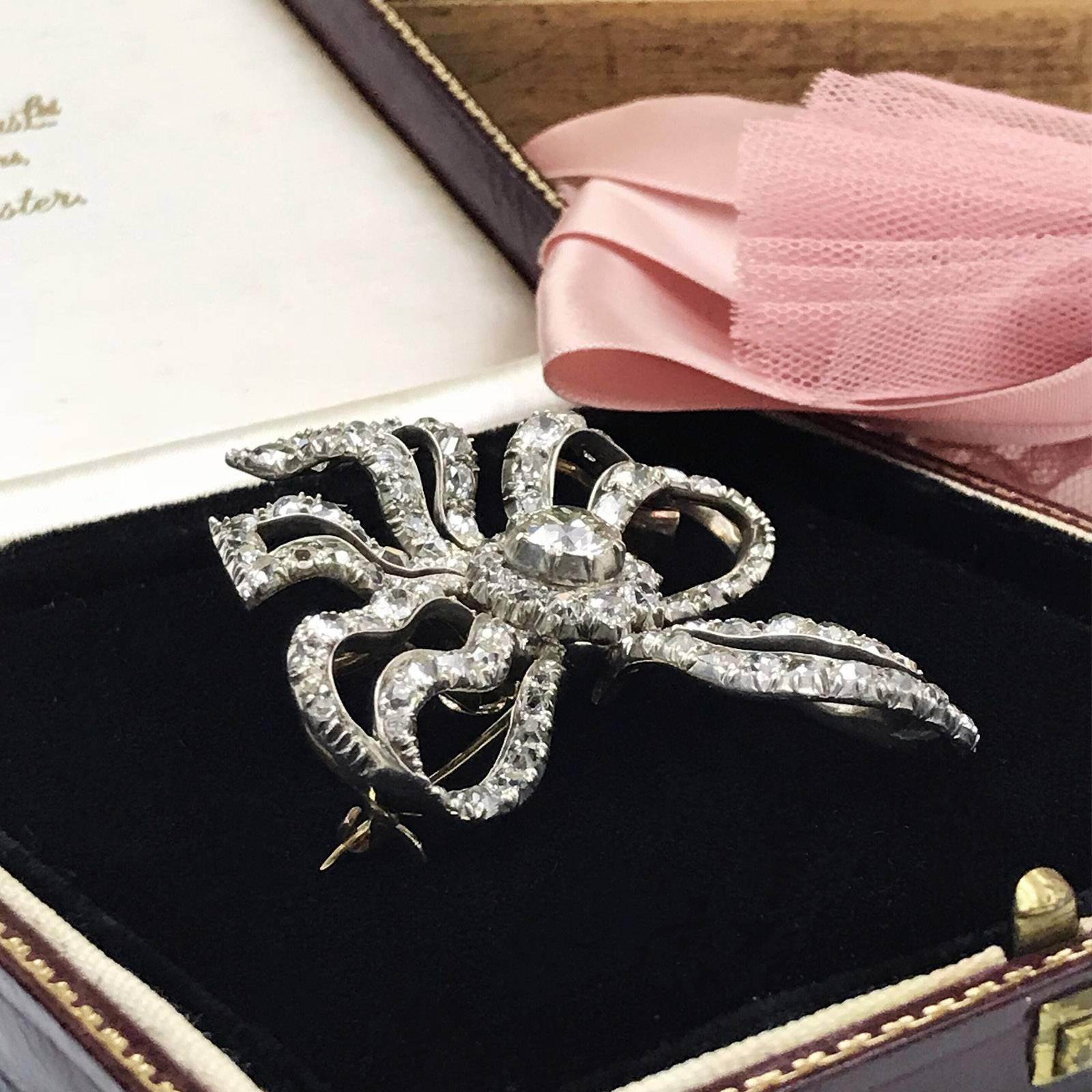 Old European Cut Late Victorian Gold and Silver Diamond Bow Brooch