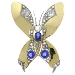 Antique Late Victorian Gold Butterfly Pin Brooch Clip with Diamond and Sapphire