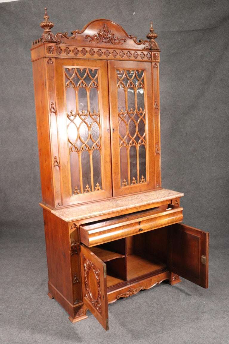 Late Victorian Gothic Secretary Desk Bookcase Seeded Glass Marble Top