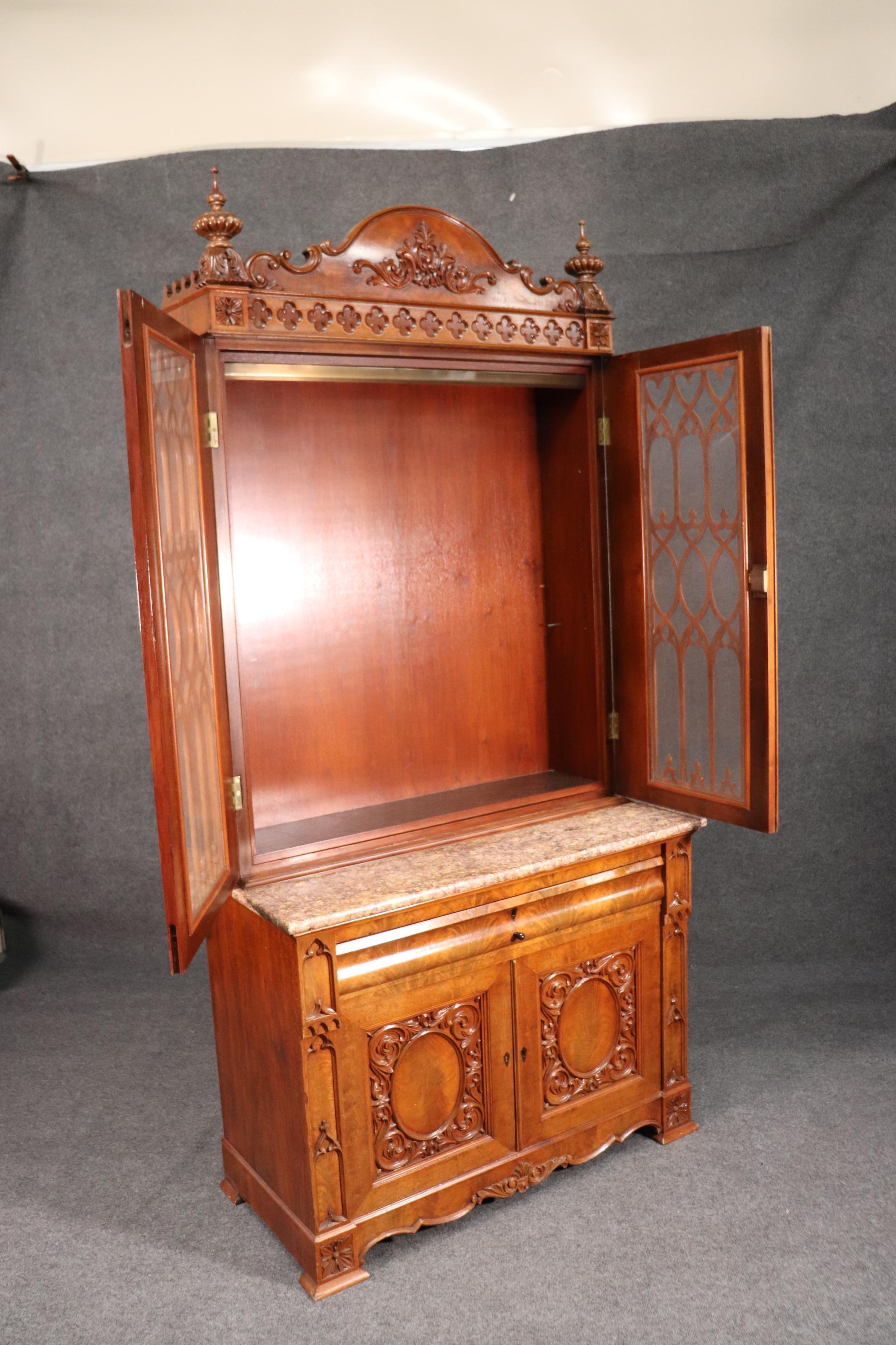 Late 19th Century Late Victorian Gothic Secretary Desk Bookcase Seeded Glass Marble Top 1890s Era