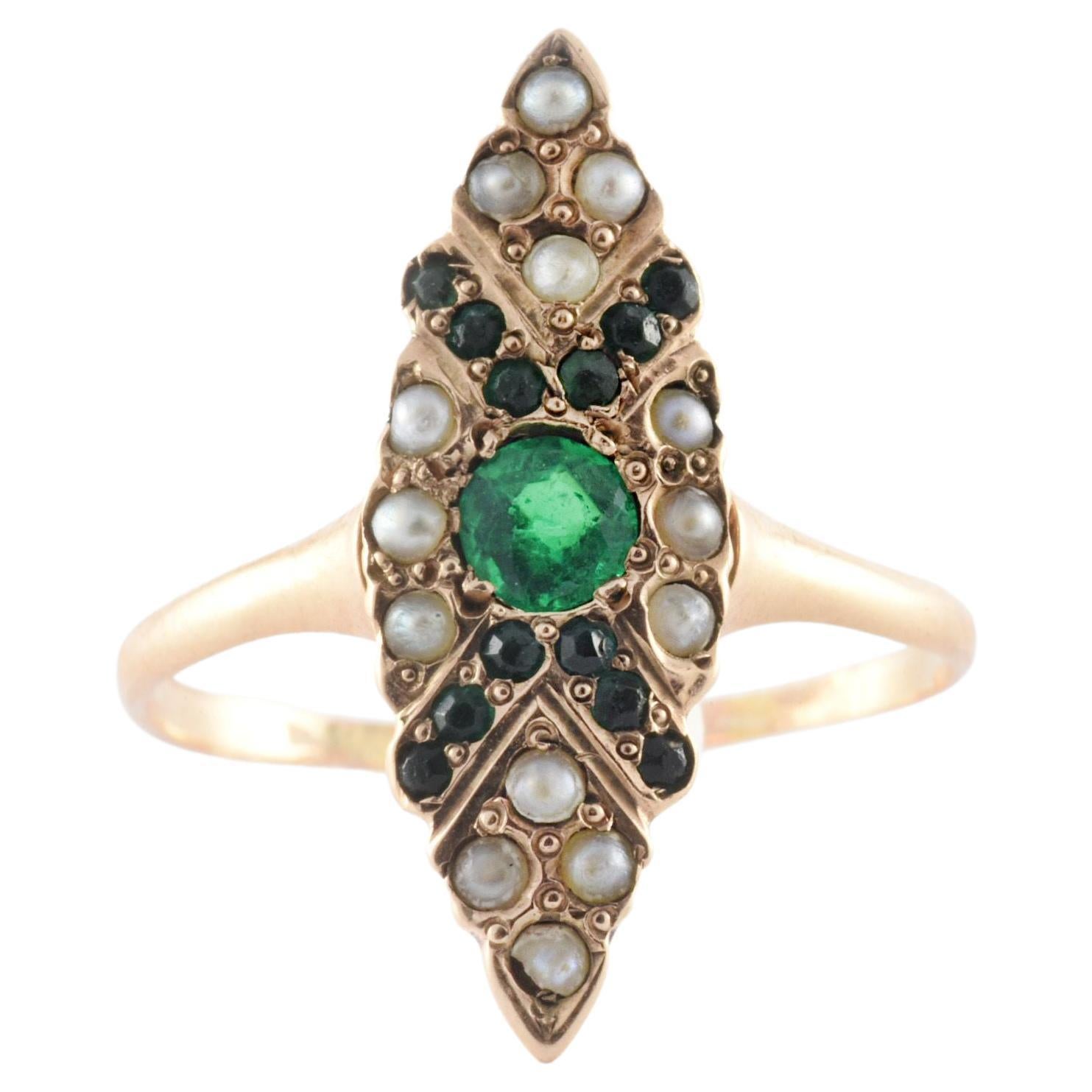 Late Victorian Green Emerald and Seed Pearl Navette Dinner Ring For Sale