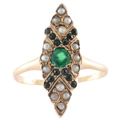 Late Victorian Green Emerald and Seed Pearl Navette Dinner Ring