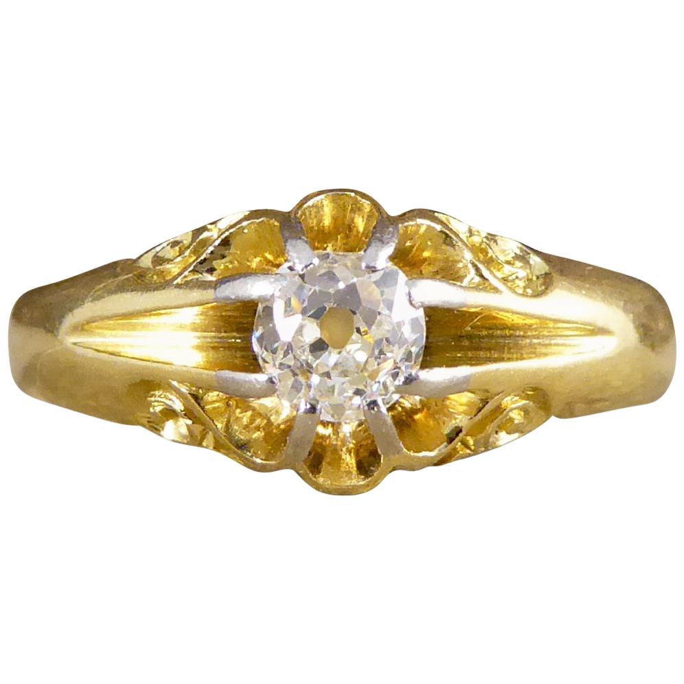 Late Victorian Gypsy Set Diamond Ring with Detailed Shoulders 18 Carat Gold