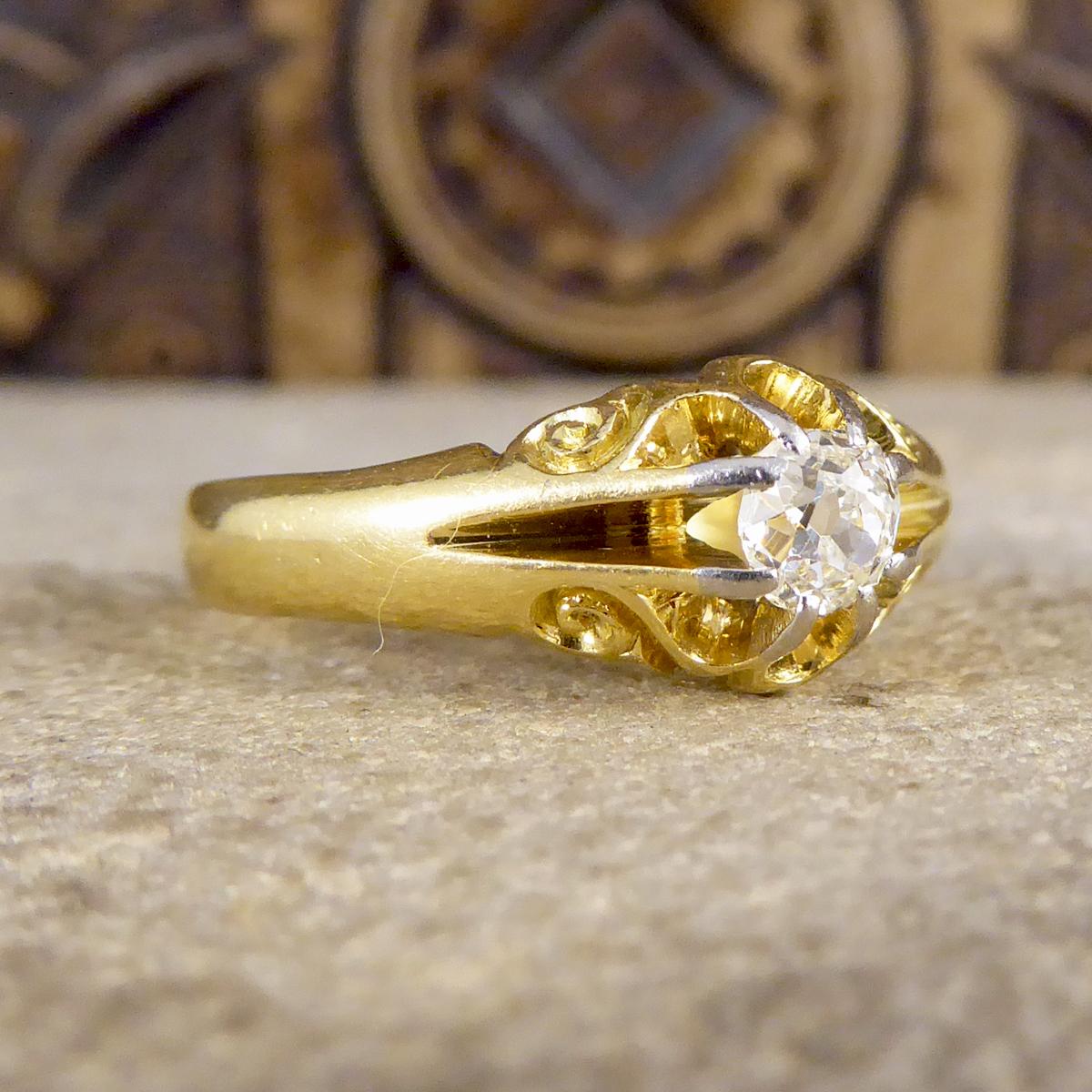 Such a beautiful ring which has been hand crafted in the Victorian era with detailed shoulders in 18ct Yellow Gold. This ring has been set with a 0.40ct Diamond in the centre with an open claw setting.

Diamond Details:
Cut: Old European Cut
Carat: