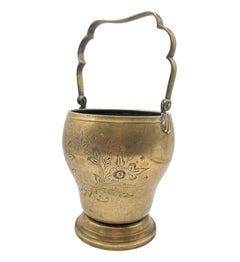 Late Victorian Hand Etched Floral Brass Ice Bucket w/ Whimsical Handle