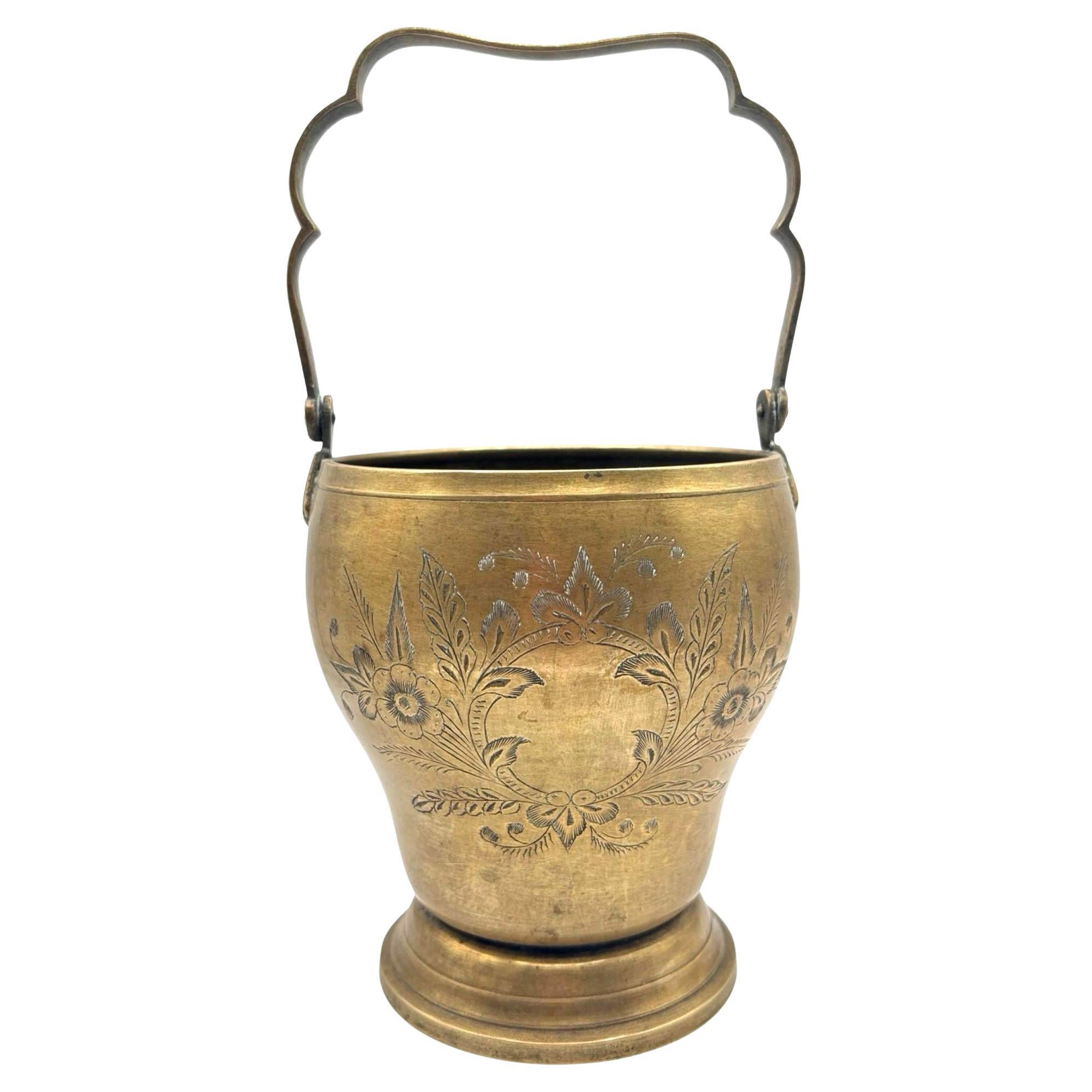 Late Victorian Hand Etched Floral Brass Ice Bucket w/ Whimsical Handle