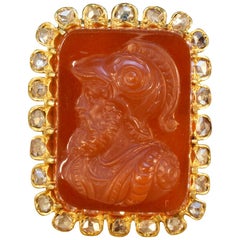 Late Victorian Hard Stone Cameo and Diamond Halo in 14 Carat Yellow Gold