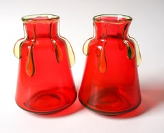 Late Victorian Harrach Orange-Red and Unranium Drip Vases