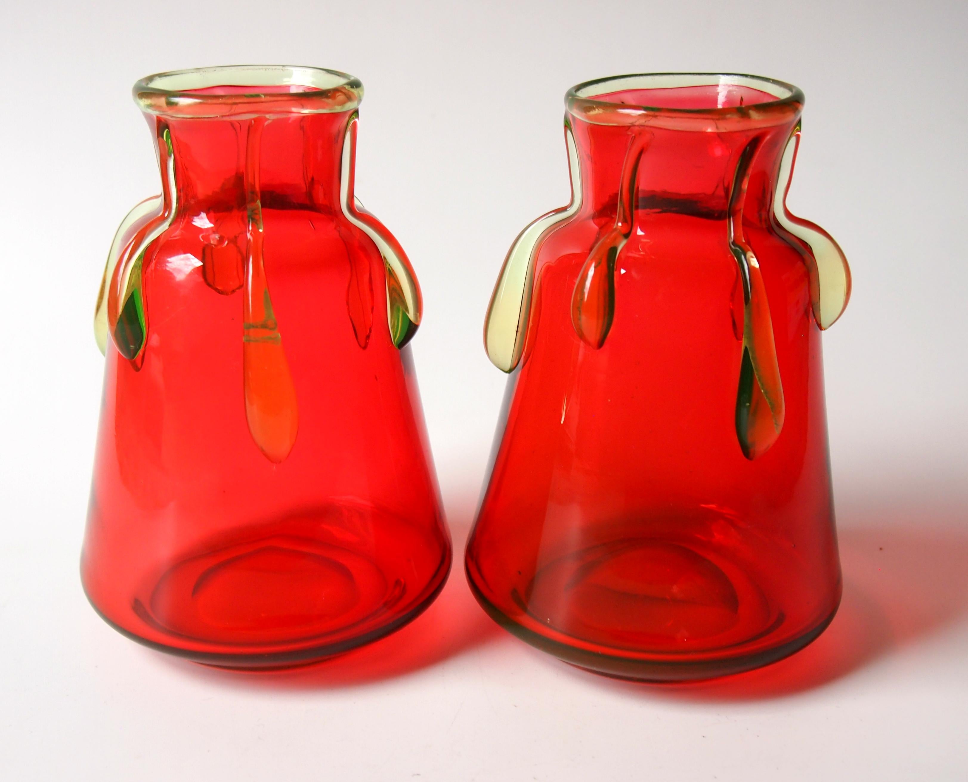 Czech Late Victorian Harrach Orange-Red and Unranium Drip Vases